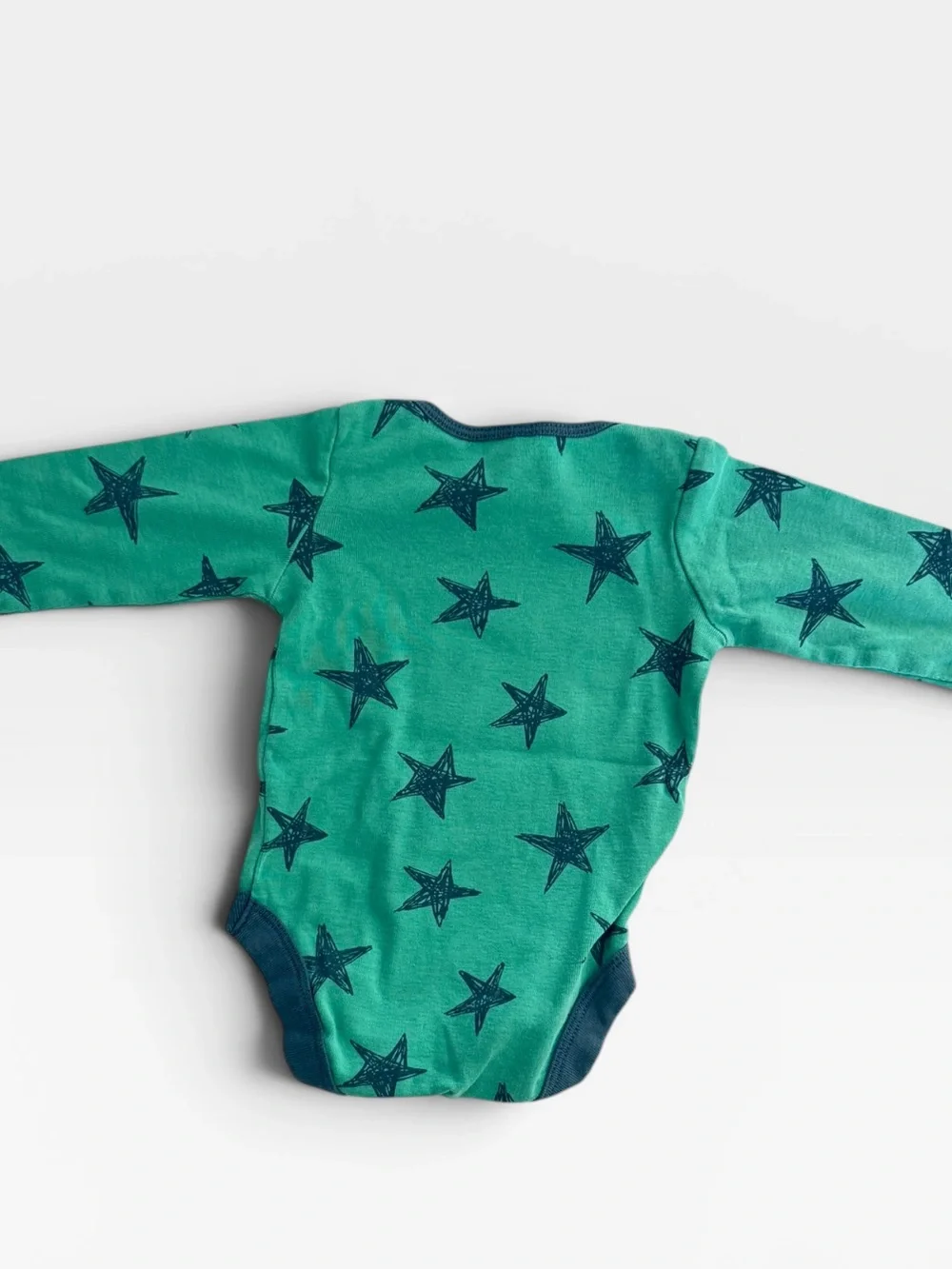 Baby Boden Teal Star-Print Long Sleeve Bodysuit with Navy Trim